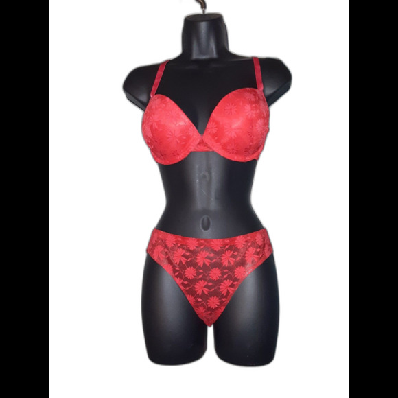 Other - Youmita 36C Tomato Floral Lace Push-Up Bra & Large Floral Lace Panty NWT